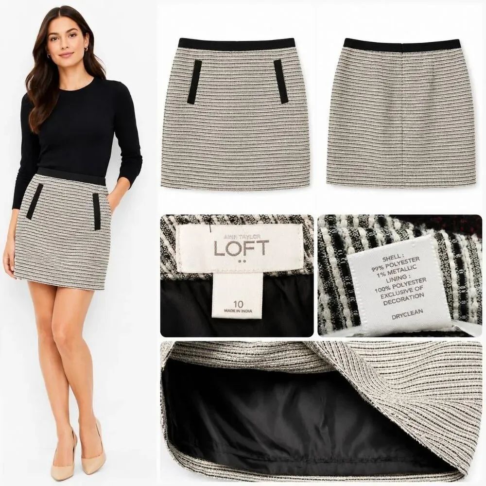 Loft Black White Metallic Stripe Tweed Skirt 10